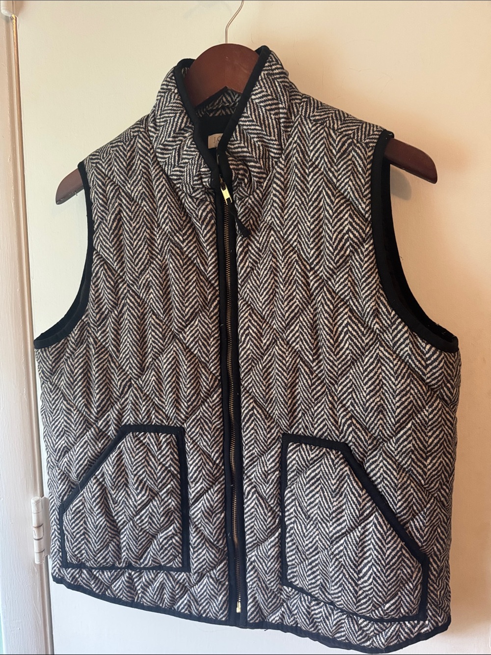 J. Crew Black and White Herringbone Quilted Vest